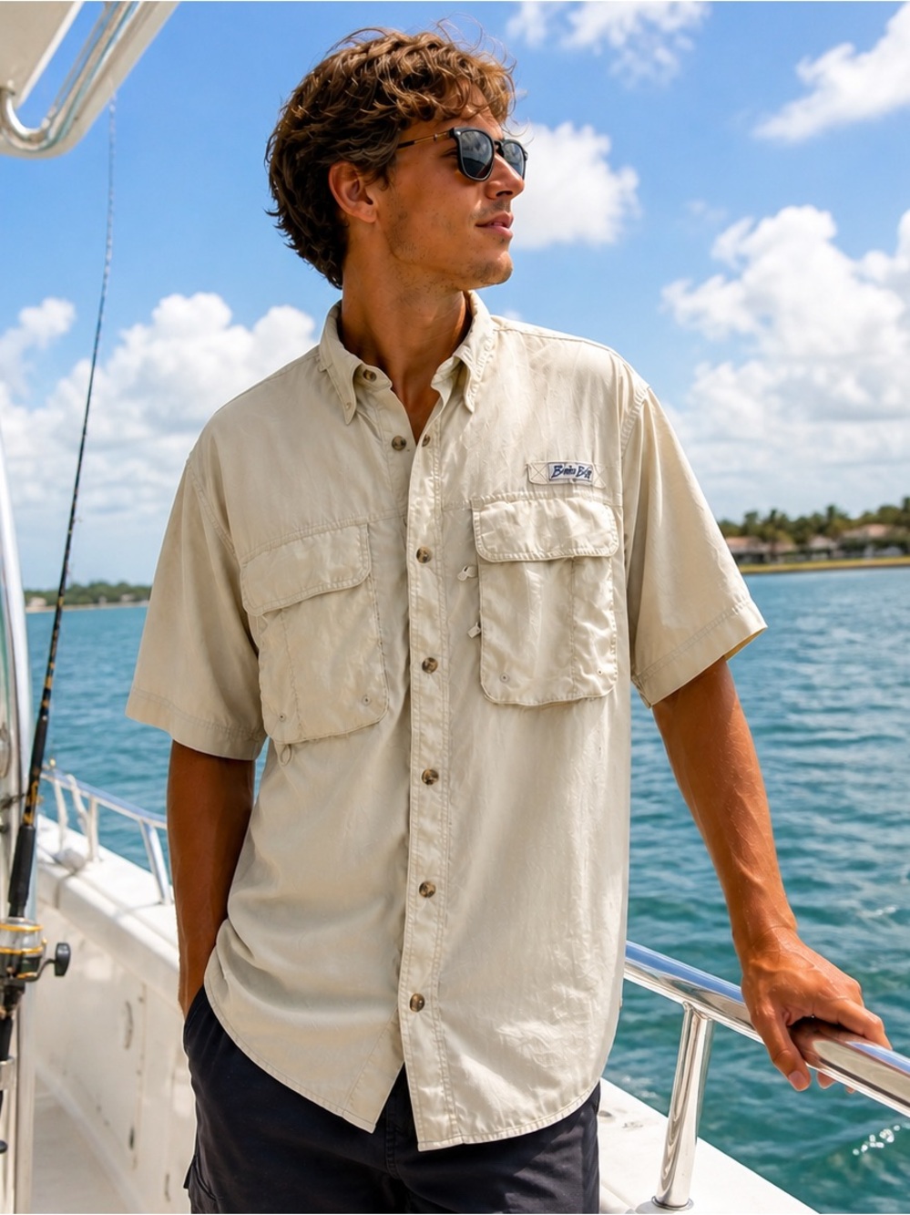 Bimini Bay Fishing Shirt Mens M Beige Short Sleeve Vented Nylon Outdoor Coastal